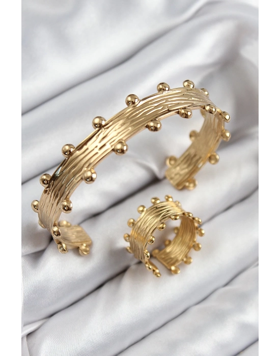 ® Pirinç Topcuk Model Gold Renk Bileklik Yüzük Set