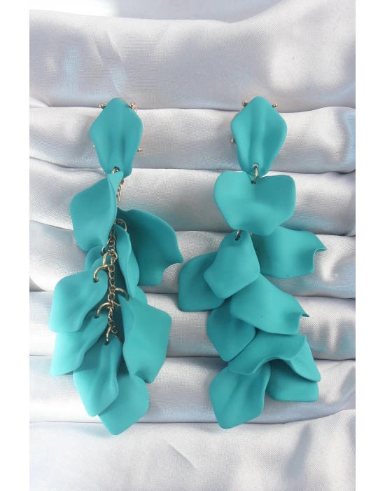 ® Pirinç Turkuaz Renk Sallantılı Yaprak Model Küpe