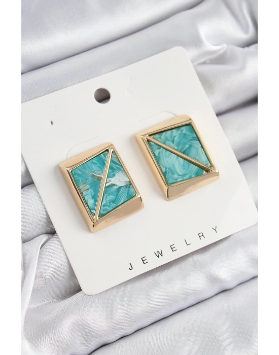 ® Pirinç Turkuaz Üçgen Kesim Detaylı Kare Model Vintage Gold Renk Kadın Küpe