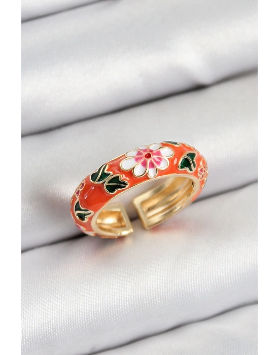 ® Pirinç Turuncu Mineli Çiçek Motifli Gold Renk Ayarlanabilir Kadın Yüzük