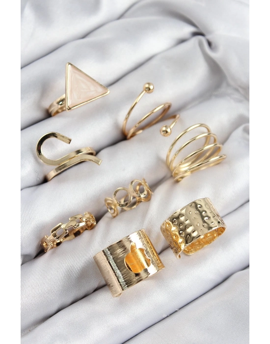 ® Pirinç Üçgen Model Gold Renk Kadın Yüzük Kombin Set
