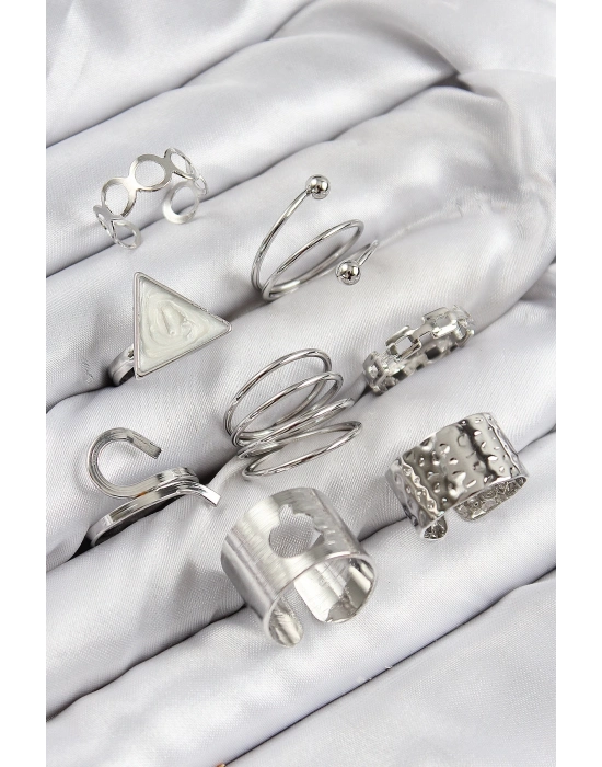 ® Pirinç Üçgen Model Gümüş Renk Kadın Yüzük Kombin Set