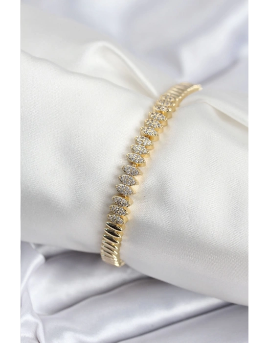 ® Pirinç VIP Seri Gold Renk Zirkon Taşlı Arpa Model Kadın Bileklik