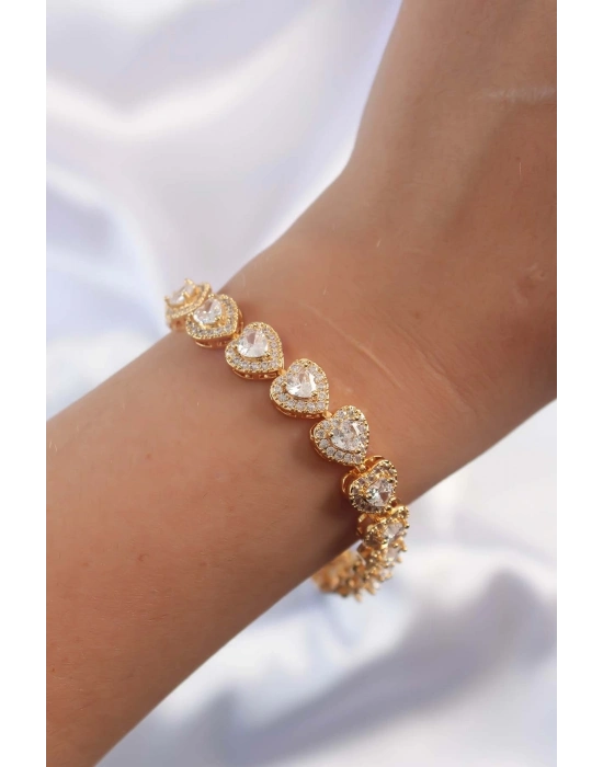 ® Pirinç Vip Seri Gold Renk Zirkon Taşlı Kalp Model Bileklik