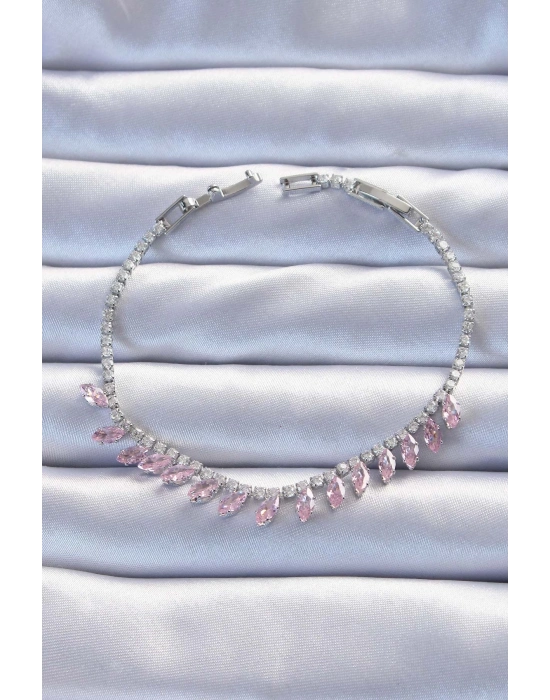 ® Pirinç Vip Seri Gümüş Renk Pembe Zirkon Taşlı Bileklik