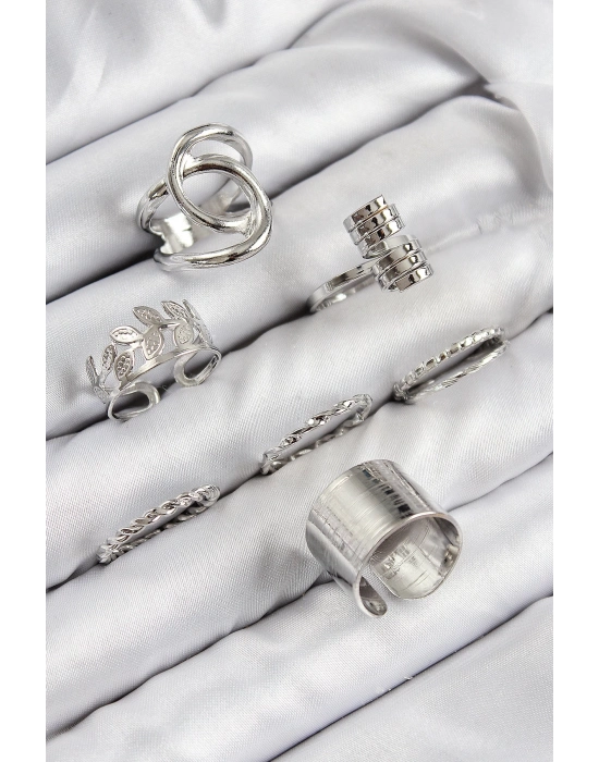 ® Pirinç Yaprak Model Gümüş Renk Kadın Yüzük Kombin Set