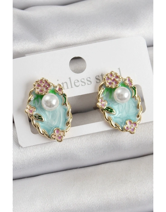 ® Pirinç Yeşil Mineli İnci Detaylı Sanatsal Portre Model Gold Renk Kadın Küpe