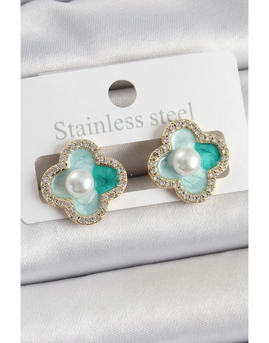 ® Pirinç Yeşil Mineli İnci Detaylı Zirkon Taşlı Sanatsal Portre Yonca Model Gold Renk Kadın Küpe