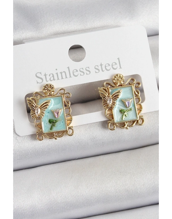 ® Pirinç Yeşil Mineli Sanatsal Portre Model Gold Renk Kadın Küpe