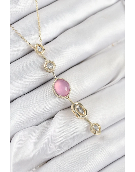 ® Pirinç Zincir Pembe Gold Renk Zirkon Taşlı Y Kolye