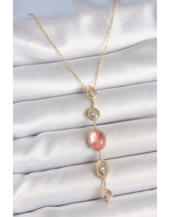® Pirinç Zincir Pembe Gold Renk Zirkon Taşlı Y Kolye