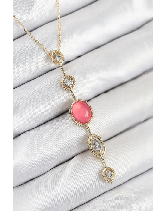 ® Pirinç Zincir Pembe Gold Renk Zirkon Taşlı Y Kolye