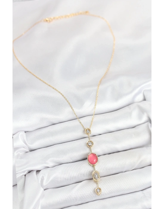 ® Pirinç Zincir Pembe Gold Renk Zirkon Taşlı Y Kolye