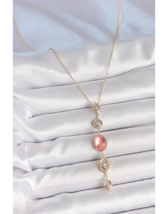 ® Pirinç Zincir Pembe Gold Renk Zirkon Taşlı Y Kolye