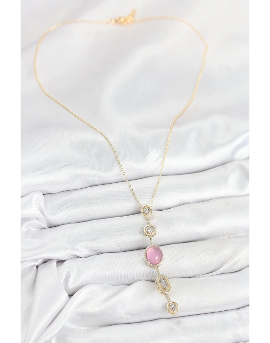 ® Pirinç Zincir Pembe Gold Renk Zirkon Taşlı Y Kolye
