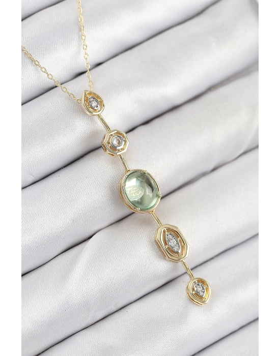 ® Pirinç Zincir Yeşil Gold Renk Zirkon Taşlı Y Kolye