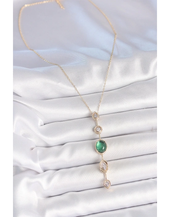 ® Pirinç Zincir Zümrüt Yeşil Gold Renk Zirkon Taşlı Y Kolye