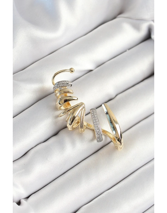 ® Pirinç Zirkon Taş Kaplamalı Sarmal Figürlü Gold Renk Kadın Sağ Kıkırdak Küpe