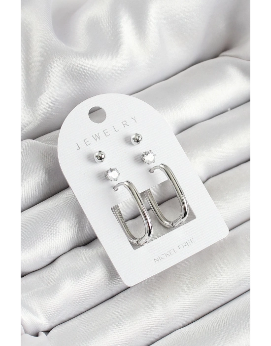 ® Pirinç Zirkon Taş Ve Dikdörtgen Figürlü Gümüş Renk 3lü Çift Kadın Küpe Set