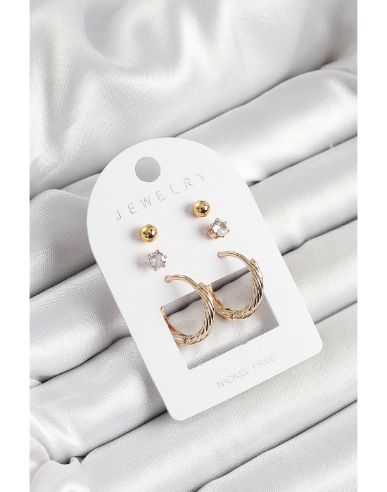 ® Pirinç Zirkon Taş Ve Halka Figürlü Gold Renk 3lü Çift Kadın Küpe Set