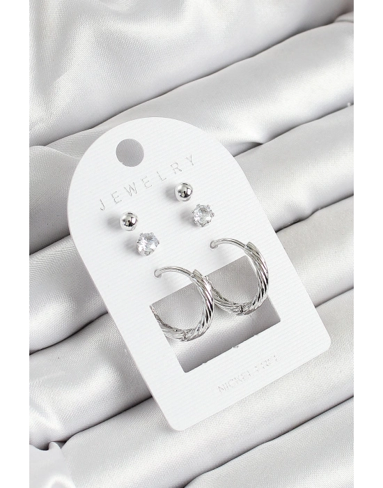 ® Pirinç Zirkon Taş Ve Halka Figürlü Gümüş Renk 3lü Çift Kadın Küpe Set