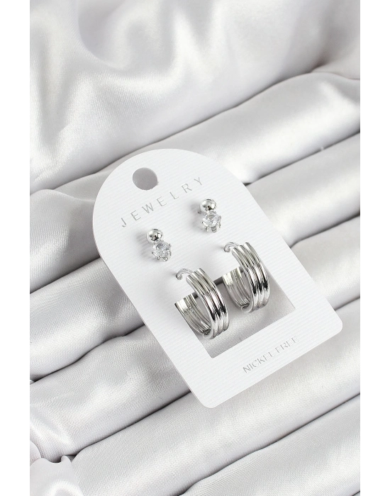 ® Pirinç Zirkon Taş Ve Halka Figürlü Gümüş Renk 3lü Çift Kadın Küpe Set
