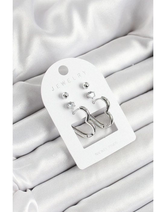 ® Pirinç Zirkon Taş Ve Kalp Figürlü Gümüş Renk 3lü Çift Kadın Küpe Set