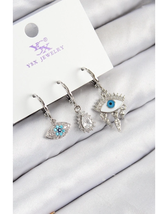 ® Pirinç Zirkon Taşlı 3lü Fatmanın Gözü Model Gümüş Renk Kadın Küpe