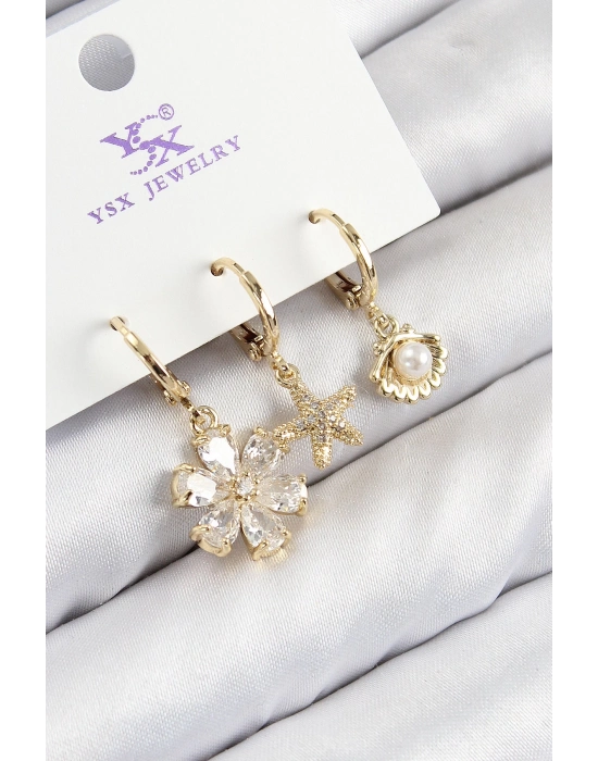 ® Pirinç Zirkon Taşlı 3lü İstiridye Ve Çiçek Model Gold Renk Kadın Küpe