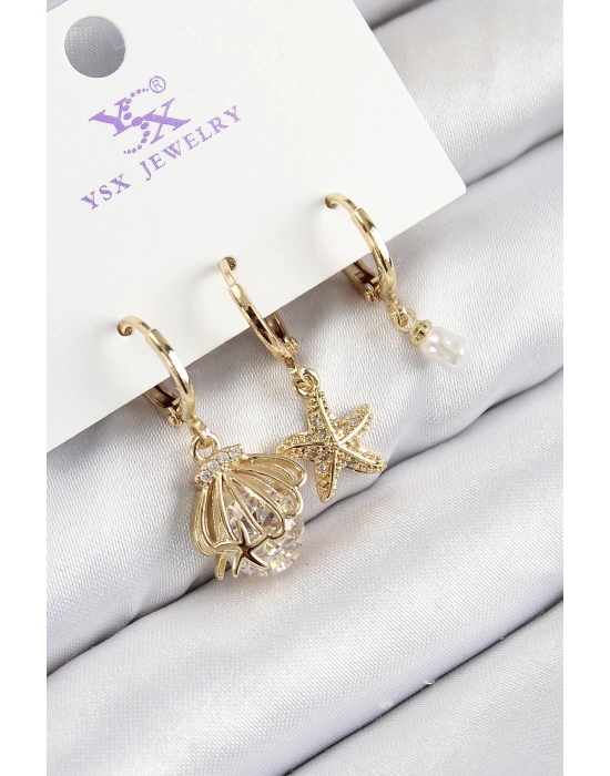 ® Pirinç Zirkon Taşlı 3lü İstiridye Ve Yıldız Model Gold Renk Kadın Küpe