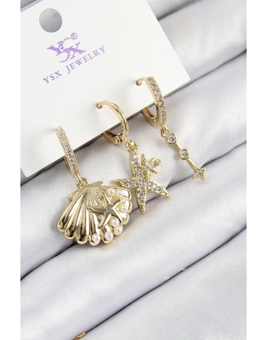 ® Pirinç Zirkon Taşlı 3lü İstiridye Ve Yıldız Model Gold Renk Kadın Küpe