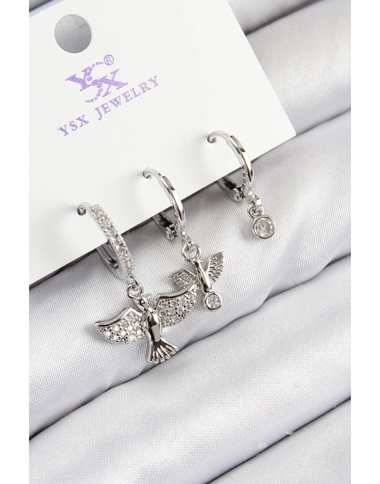 ® Pirinç Zirkon Taşlı 3lü Kuş Model Gümüş Renk Kadın Küpe