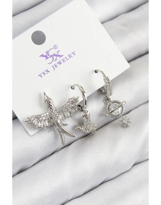 ® Pirinç Zirkon Taşlı 3lü Kuş Model Gümüş Renk Kadın Küpe