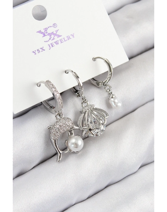 ® Pirinç Zirkon Taşlı 3lü Yunus Balığı Ve İstiridye Model Gümüş Renk Kadın Küpe