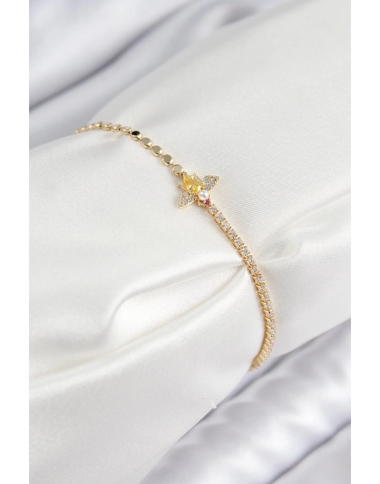 ® Pirinç Zirkon Taşlı Arı Model Ezme Zincir Gold Renk Kadın Bileklik
