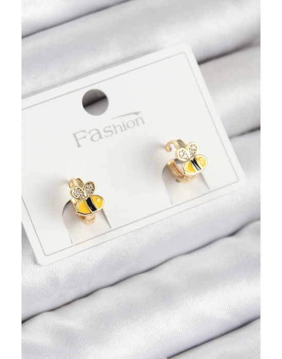 ® Pirinç Zirkon Taşlı Arı Model Gold Renk Çocuk Küpe