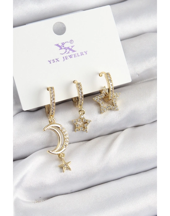 ® Pirinç Zİrkon Taşlı Ay Ve Hilal Model Gold Renk 3lü Kadın Küpe
