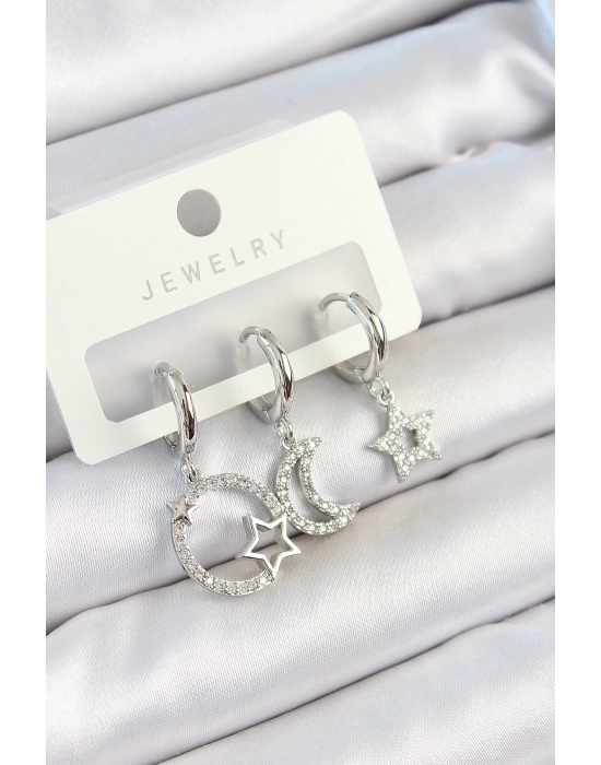 ® Pirinç Zirkon Taşlı Ay Ve Yıldız Model Gümüş Renk 3lü Çift Kadın Küpe Set