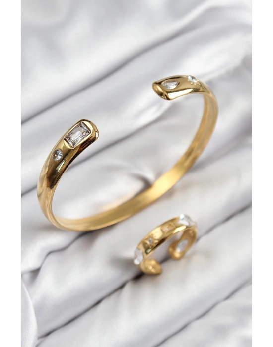 ® Pirinç Zirkon Taşlı Ayrık Model Gold Renk Bileklik Yüzük Set