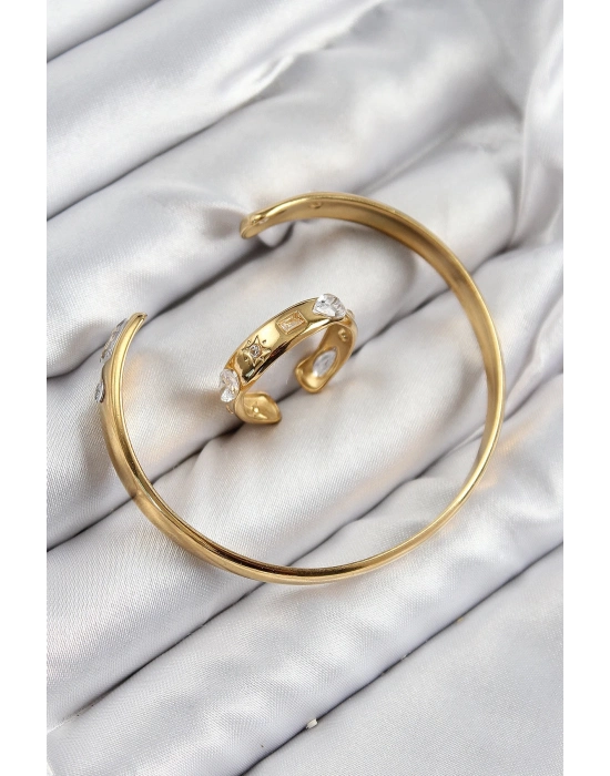 ® Pirinç Zirkon Taşlı Ayrık Model Gold Renk Bileklik Yüzük Set