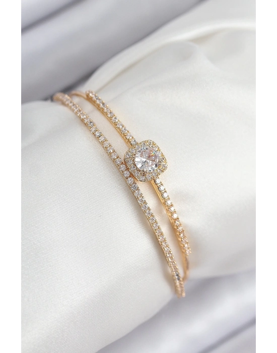® Pirinç Zirkon Taşlı Baget Model Gold Renk Kadın Bileklik