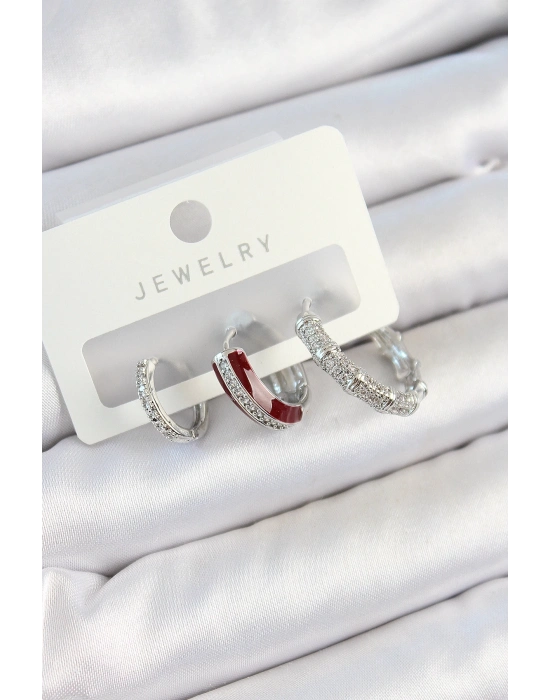 ® Pirinç Zirkon Taşlı Bordo Pembe Halka Model Gümüş Renk 3lü Çift Kadın Küpe Set