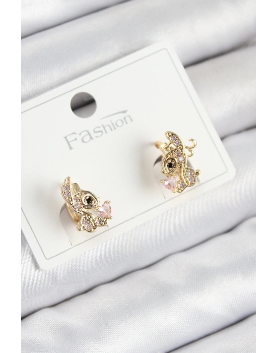 ® Pirinç Zirkon Taşlı Ceylan Model Gold Renk Çocuk Küpe