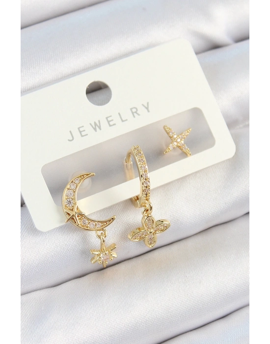 ® Pirinç Zirkon Taşlı Çiçek Ve Ay Model Gold Renk 3lü Çift Kadın Küpe Set