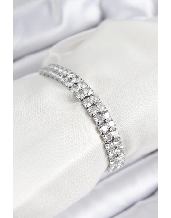 ® Pirinç Zirkon Taşlı Çift Sıra Kare Model Gümüş Renk Asansörlü Kadın Bileklik