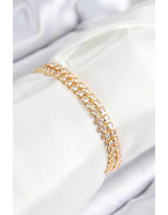 ® Pirinç Zirkon Taşlı Çift Sıra Model Gold Renk Asansörlü Kadın Bileklik