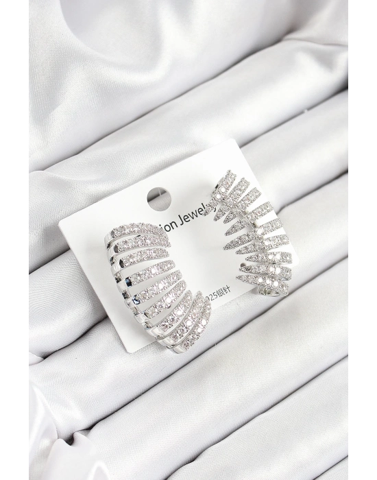 ® Pirinç Zirkon Taşlı Çoklu Görünümlü Model Gümüş Renk Kadın Küpe