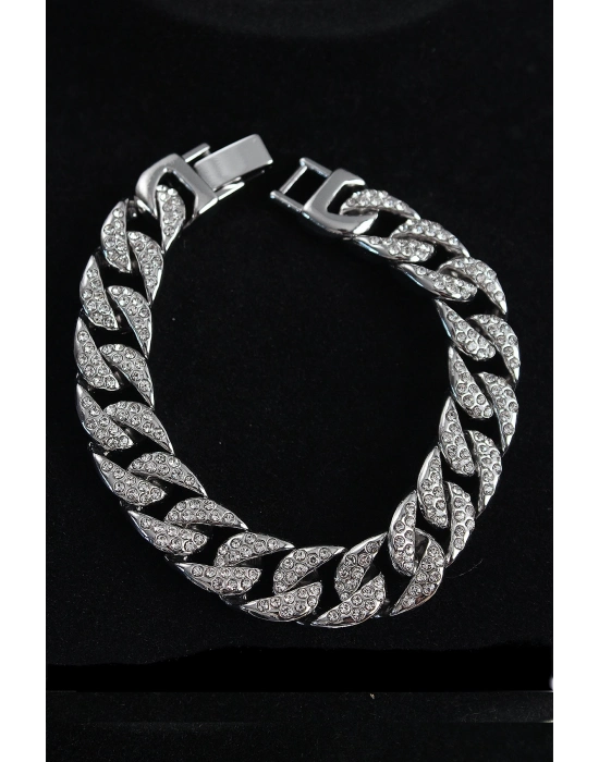 ® Pirinç Zirkon Taşlı Cuba Gurmet Model Gümüş Renk Erkek Bileklik