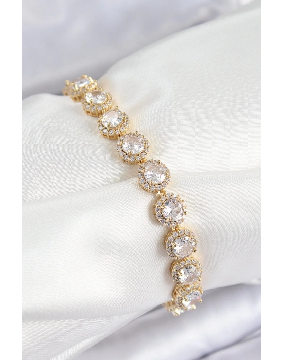 ® Pirinç Zirkon Taşlı Daire Baget Model Gold Renk VIP Seri Kadın Bileklik