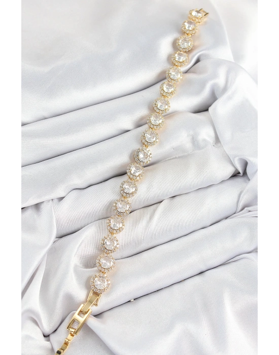 ® Pirinç Zirkon Taşlı Daire Baget Model Gold Renk VIP Seri Kadın Bileklik